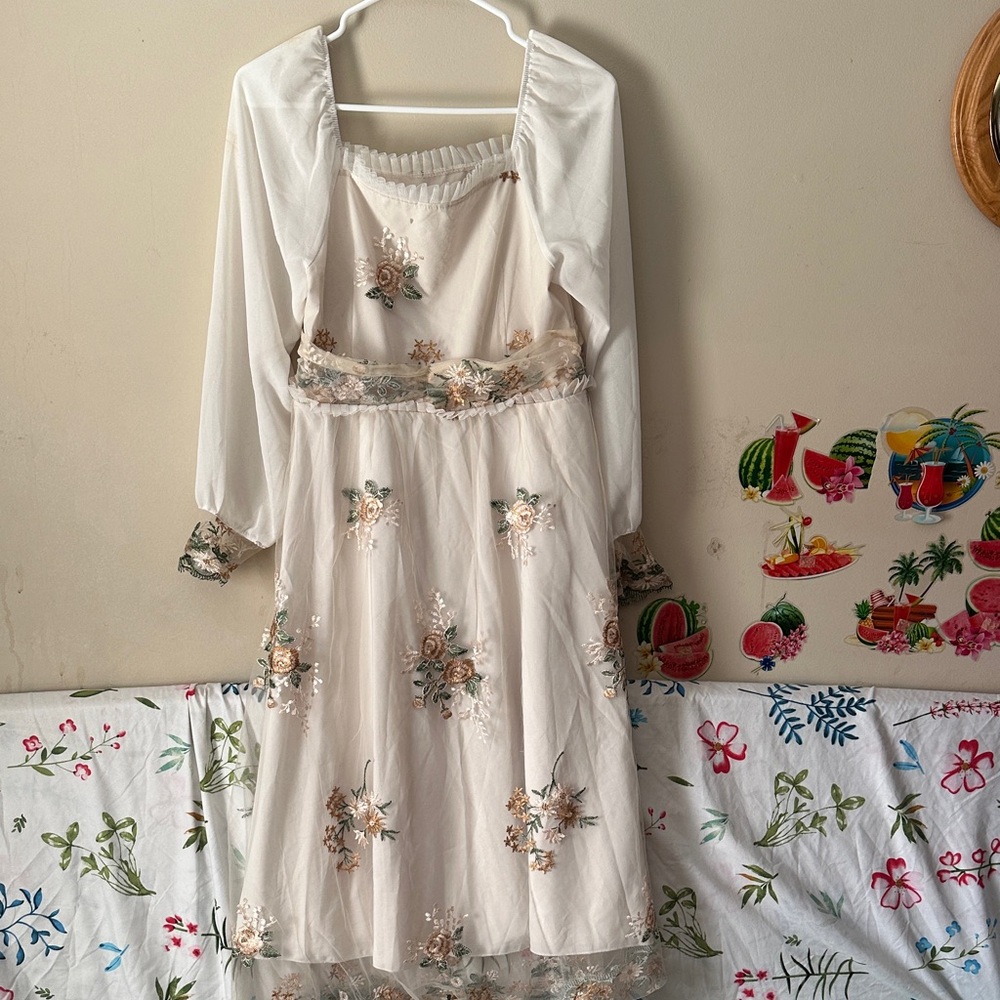 Ivory Floral Embroidered Midi Dress